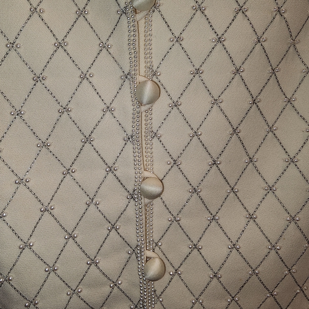 Albert Nipon Evening Ivory Diamond Pattern Pearl 2 Piece Skirt Suit - Picture 4 of 10